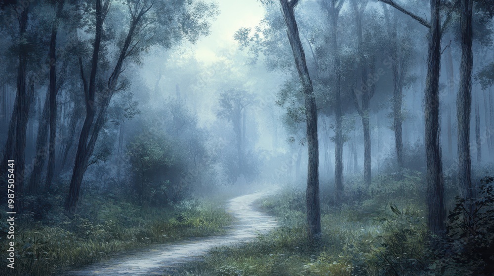Obraz premium Serene Forest Path in Misty Morning Light with Lush Greenery and Tall Trees