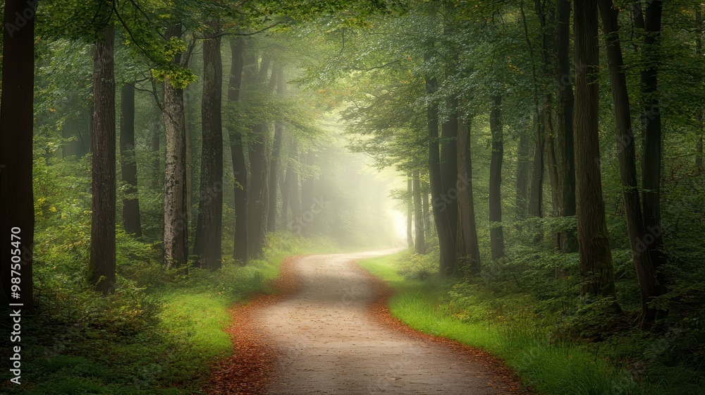 Fototapeta premium Serene Forest Pathway with Sunlight Filtering Through Trees in a Misty Morning