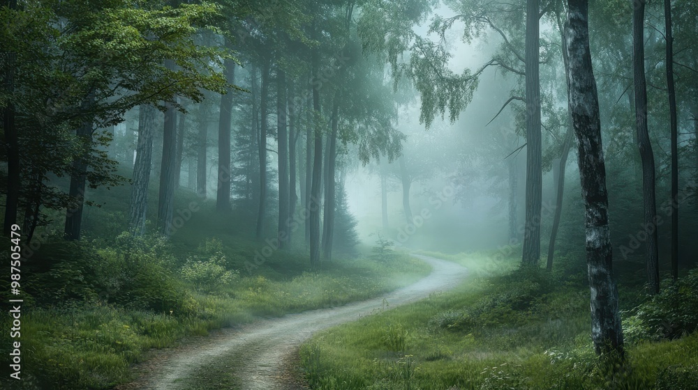 Serene Forest Pathway in Early Morning Mist with Lush Greenery and Tall Trees
