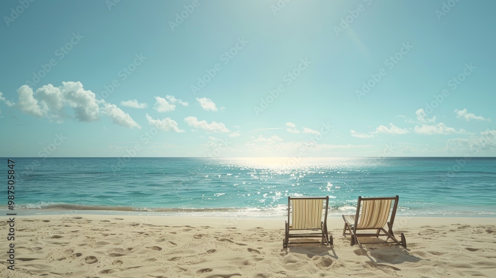 Serene scene of two beach chairs on soft sand by a tranquil ocean under a clear sunlit sky Serene scene of two beach chairs on soft sand by a tranquil ocean under a clear sunlit sky