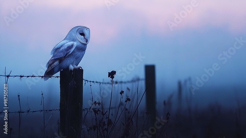   A white owl perches atop a wooden post beside a barbed wire fence, framing a foggy sky photo