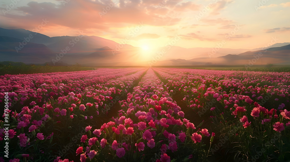 Fototapeta premium Sunset over a Field of Pink Flowers with Mountain Range