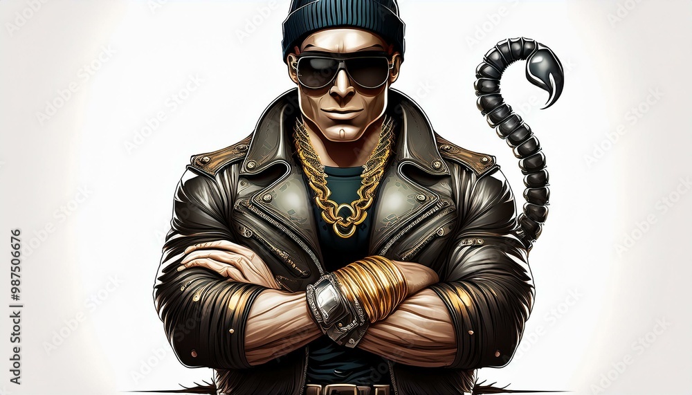 Skorpion Mann mit Leder Jacke Sonnenbrille Gold Ketten