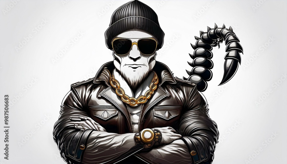 Fototapeta premium Skorpion Mann mit Leder Jacke Sonnenbrille Gold Ketten