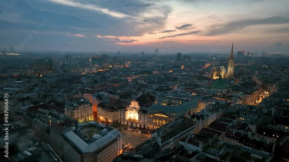 Aerial view of famous places St. Stephen's Cathedral Stephansdom at night. Mother church of the Roman Catholic Archdiocese of Vienna. Austria Aerial view of famous places St. Stephen's Cathedral Stephansdom at night. Mother church of the Roman Catholic Archdiocese of Vienna. Austria