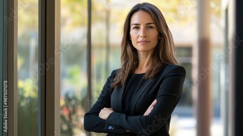 Free Download Confident Businesswoman in Black Suit Standing with Arms Crossed in Modern Office Environment - GFXLoad