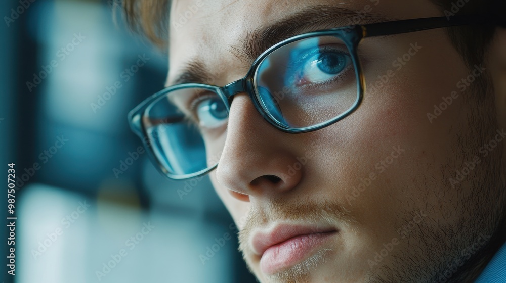 Close-Up Portrait of a Young Man with Glasses and Blue Eyes in a Thoughtful Expression Close-Up Portrait of a Young Man with Glasses and Blue Eyes in a Thoughtful Expression