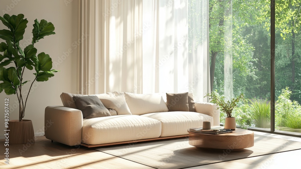 Cozy Modern Living Room with Large Windows Overlooking Lush Greenery and Minimalist Furniture Cozy Modern Living Room with Large Windows Overlooking Lush Greenery and Minimalist Furniture