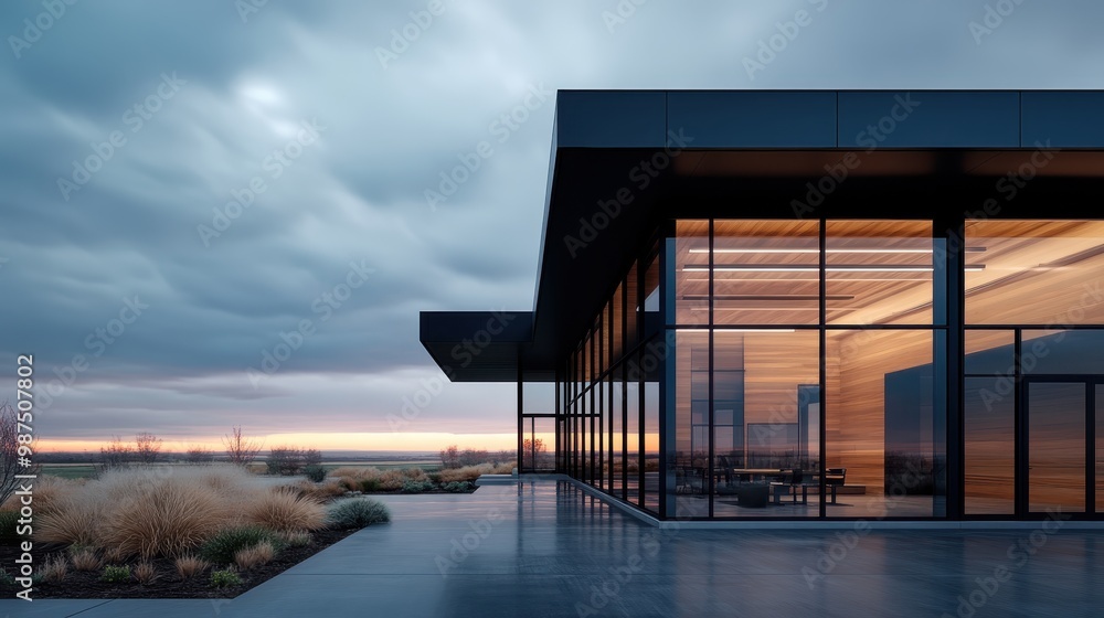 A contemporary building with glass walls reflecting the calming orange tones of a sunset, set against an open landscape, offering a tranquil and serene atmosphere. A contemporary building with glass walls reflecting the calming orange tones of a sunset, set against an open landscape, offering a tranquil and serene atmosphere.