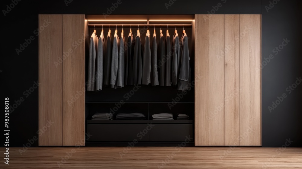 A stylish display of suits hanging in compartments of a modern wooden wardrobe, accentuated by overhead lighting that enhances their pristine condition and elegance. A stylish display of suits hanging in compartments of a modern wooden wardrobe, accentuated by overhead lighting that enhances their pristine condition and elegance.