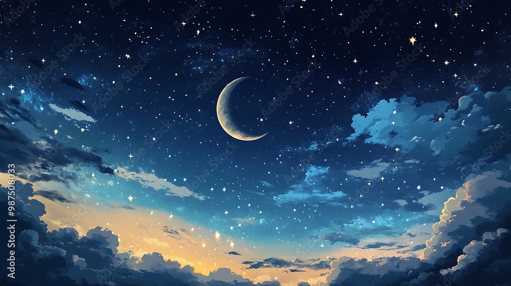Serene Night Sky Graphic Design with Crescent Moon and Stars in Clean, Soporific Style Serene Night Sky Graphic Design with Crescent Moon and Stars in Clean, Soporific Style