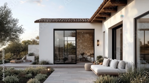 A picturesque white villa showcasing comfortable outdoor seating, large sliding doors, and architectural features that blend modern and traditional elements seamlessly. photo