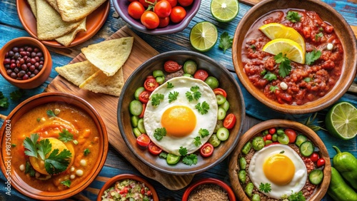 A colorful platter of Mexican breakfast essentials: crisp eggs, creamy beans, warm tortillas, tangy salsa, and ripe avocado slices, a flavorful fiesta in every bite.