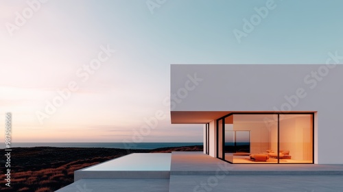 A contemporary house with a large glass window, warm interior lighting, and an inviting, sleek pool, set against a glowing sunset on a tranquil seaside cliff. photo