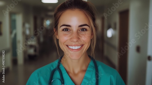 A jubilant nurse in teal scrubs, exuding happiness and enthusiasm, is captured in a hospital hallway, highlighting passion and positivity in healthcare work. photo