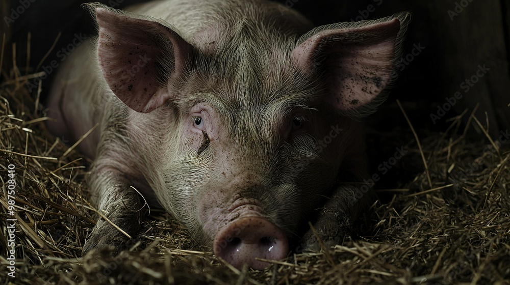   A pig resting atop a pile of dry grass alongside a haystack on top of another stack of hay
