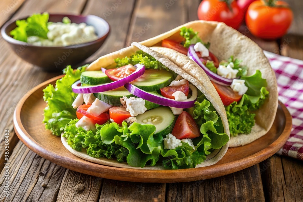 A crispy pita bread half fills a plate, housing a savory gyro filled with fresh greens, feta, onions, and juicy tomatoes. A crispy pita bread half fills a plate, housing a savory gyro filled with fresh greens, feta, onions, and juicy tomatoes.
