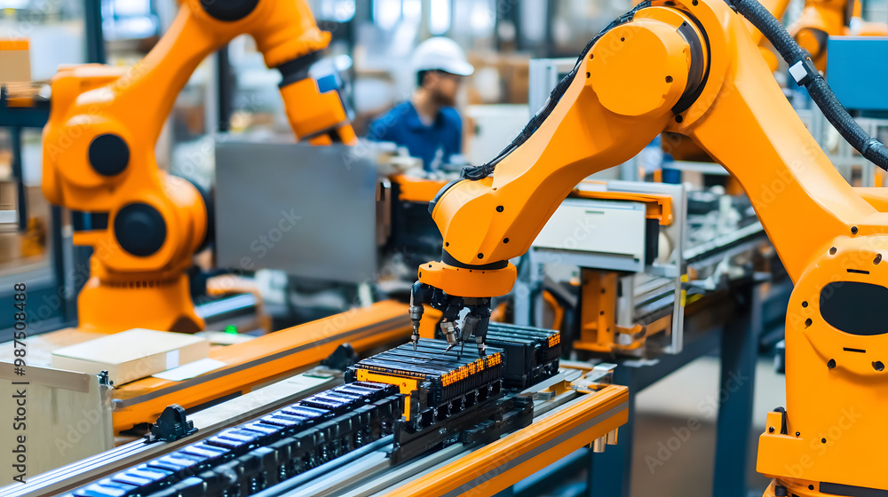Advanced automated battery production line with robotic arms assembling lithium-ion cells on conveyor belt. Skilled workers in protective gear supervising high-tech manufacturing process. Industrial i Advanced automated battery production line with robotic arms assembling lithium-ion cells on conveyor belt. Skilled workers in protective gear supervising high-tech manufacturing process. Industrial i