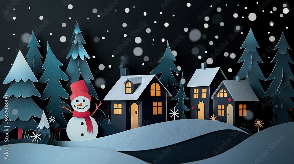 A snowman with a red hat and scarf stands in front of a house with a paper cut A snowman with a red hat and scarf stands in front of a house with a paper cut