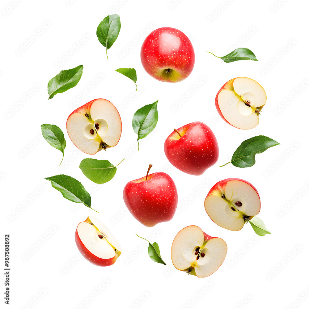 Apples with half slices falling or floating in the air with green leaves isolated on background, Fresh organic fruit with high vitamins and minerals. Apples with half slices falling or floating in the air with green leaves isolated on background, Fresh organic fruit with high vitamins and minerals.
