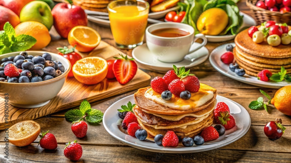 A delightful breakfast spread showcases fluffy pancakes, scrambled eggs, golden toast, vibrant fresh fruit, and steaming coffee, creating a perfect morning feast for all.