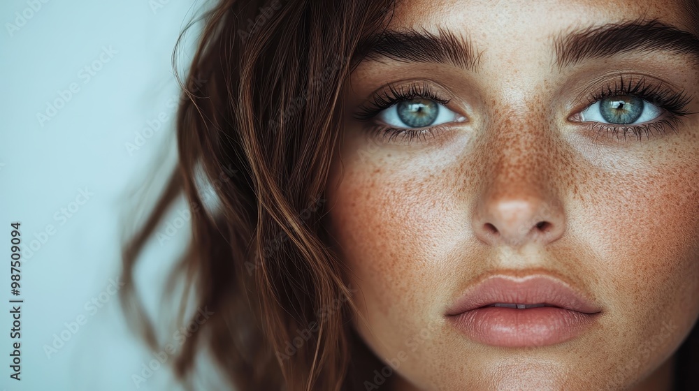 A woman with intense blue eyes and freckled skin, presenting a focused look, captured in rich detail, embodying a soulful gaze and artistic composition. A woman with intense blue eyes and freckled skin, presenting a focused look, captured in rich detail, embodying a soulful gaze and artistic composition.