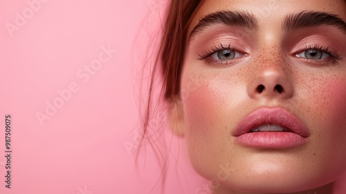 A close-up portrait of a woman with striking makeup and clear blue eyes against a pink backdrop, highlighting freckled skin and an intense expression. photo