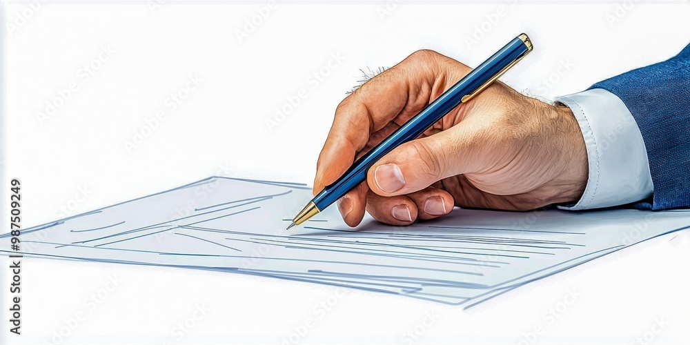 A professional hand holding a pen, poised to write on a sheet of paper, symbolizing documentation and decision-making. A professional hand holding a pen, poised to write on a sheet of paper, symbolizing documentation and decision-making.