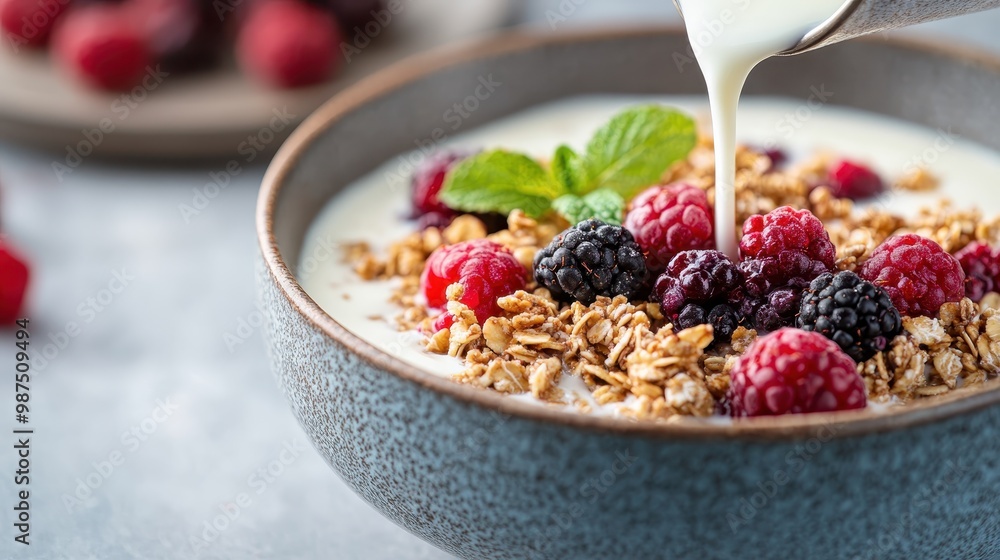Top view of a bowl of granola topped with fresh raspberries, blackberries, and blueberries, being covered with milk, reflecting a healthy and delicious breakfast option. Top view of a bowl of granola topped with fresh raspberries, blackberries, and blueberries, being covered with milk, reflecting a healthy and delicious breakfast option.