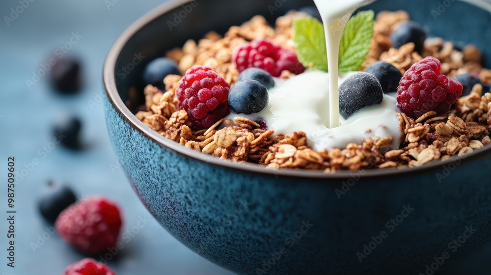 The image shows a close-up of a blue ceramic bowl filled with granola, fresh raspberries and blueberries while milk is being poured, emphasizing a healthy and nutritious breakfast. The image shows a close-up of a blue ceramic bowl filled with granola, fresh raspberries and blueberries while milk is being poured, emphasizing a healthy and nutritious breakfast.