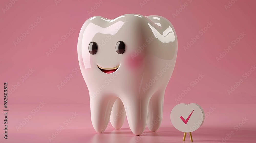 Smiling Cartoon Tooth with Pink Checkmark on Heart-Shaped Sign Smiling Cartoon Tooth with Pink Checkmark on Heart-Shaped Sign