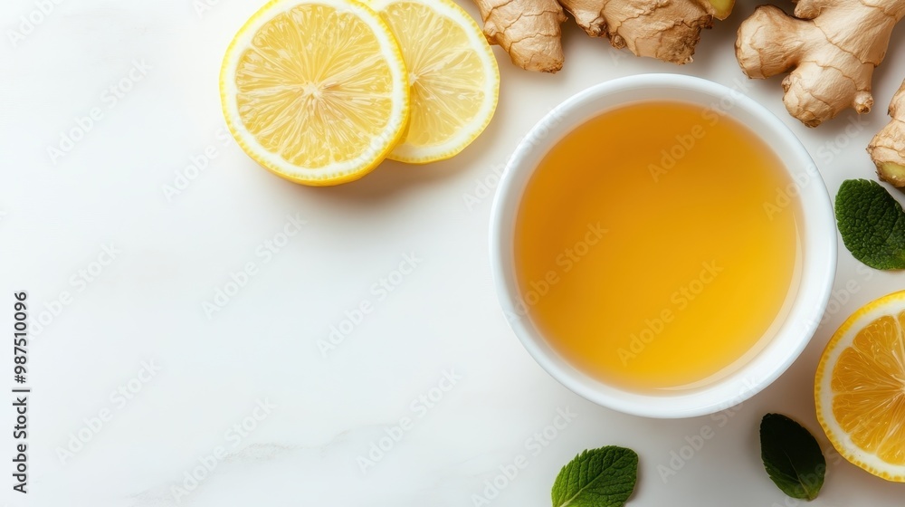 A delightful image featuring a cup of herbal tea alongside fresh ginger, lemon slices, and mint leaves, representing the perfect blend of healthy and fragrant ingredients for a balanced drink. A delightful image featuring a cup of herbal tea alongside fresh ginger, lemon slices, and mint leaves, representing the perfect blend of healthy and fragrant ingredients for a balanced drink.