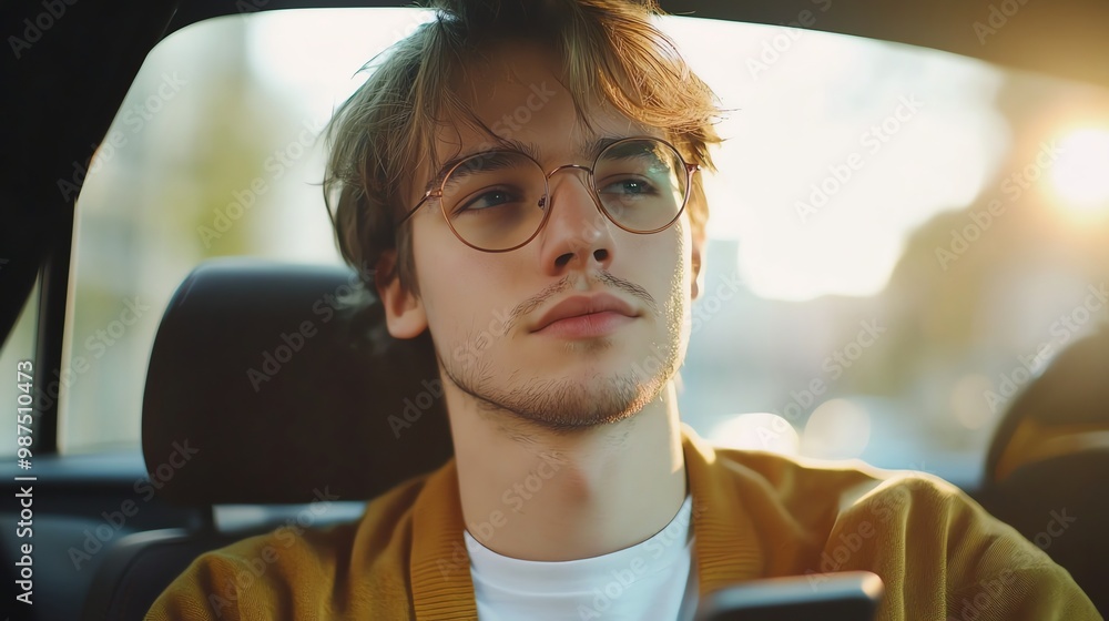 A young man in a car looks out the window. A young man in a car looks out the window.