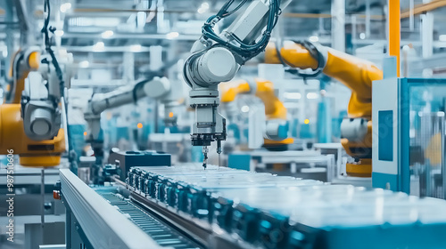 Advanced automated battery production line with robotic arms assembling lithium-ion cells on conveyor belt. Skilled workers in protective gear supervising high-tech manufacturing process. Industrial i