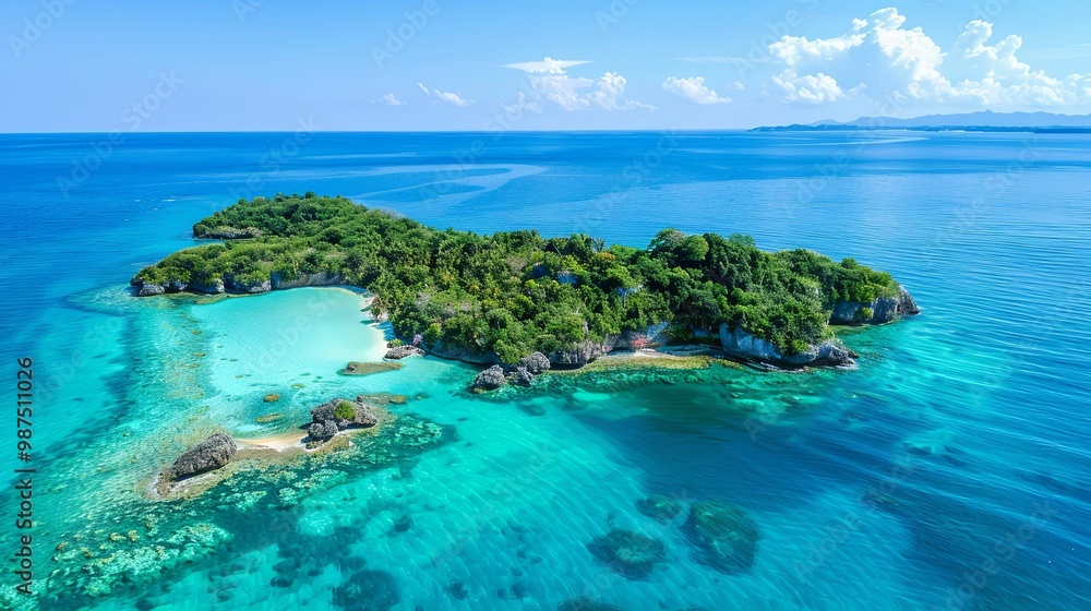 Aerial View of a Lush, Tropical Island with Pristine Turquoise Waters Aerial View of a Lush, Tropical Island with Pristine Turquoise Waters