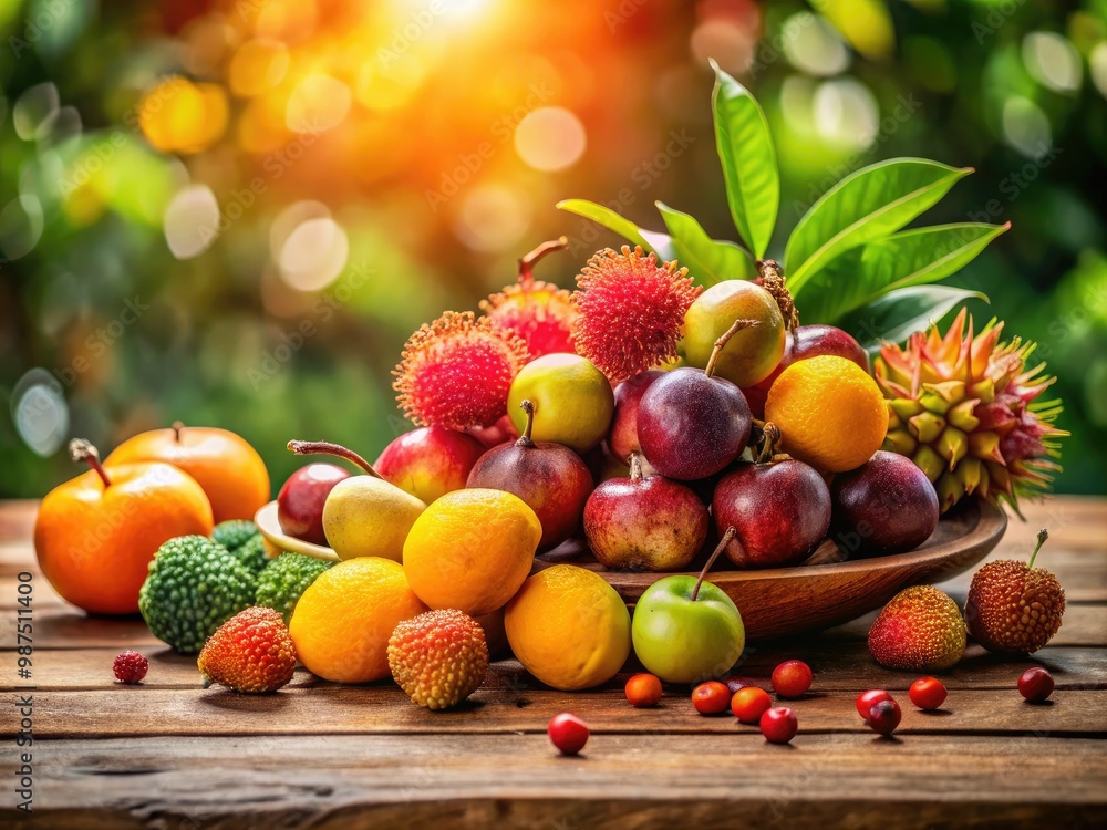 A lively assortment of Chinese fruits is beautifully arranged on a rustic wooden table, glowing under soft natural light, creating an inviting and fresh atmosphere. A lively assortment of Chinese fruits is beautifully arranged on a rustic wooden table, glowing under soft natural light, creating an inviting and fresh atmosphere.
