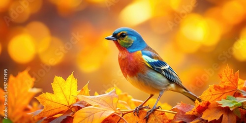 A lively autumn setting showcases a colorful bird perched among radiant golden leaves, surrounded by the warm hues of fall in nature's breathtaking display.