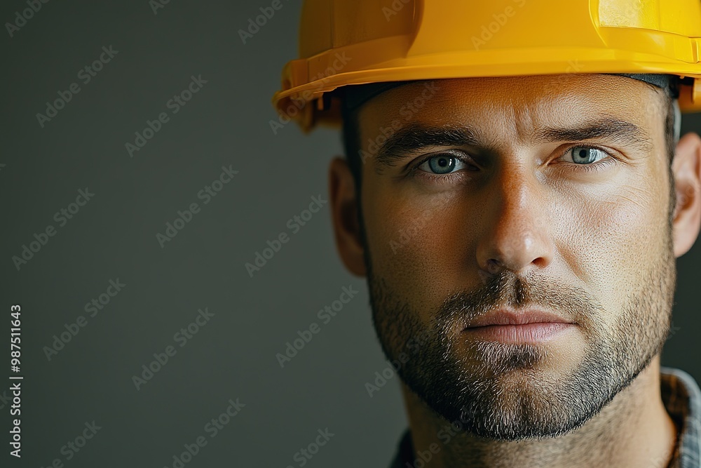 Close-up portrait of a serious man wearing a yellow hard hat. Close-up portrait of a serious man wearing a yellow hard hat.