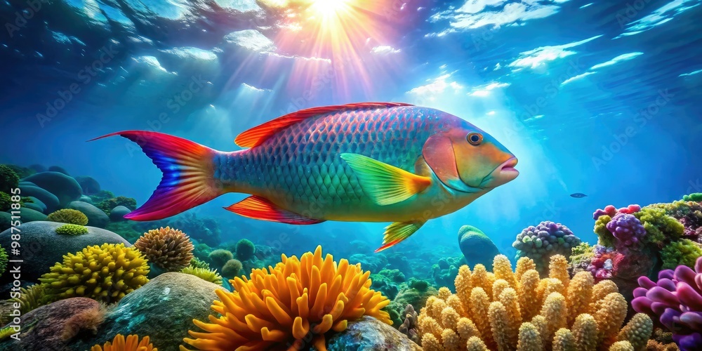 Fototapeta premium A lively parrot fish glides through crystal-clear tropical waters, showcasing its vibrant colors against the stunning backdrop of a sunlit coral reef below.