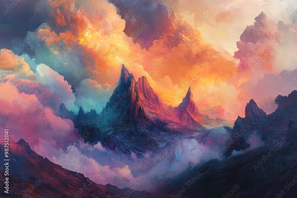 Fototapeta premium A Mountain Range Piercing Through A Colorful Sky