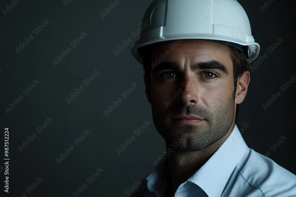 Serious engineer with helmet, dark moody light Serious engineer with helmet, dark moody light