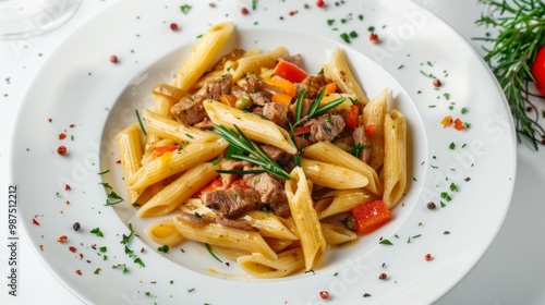 "Scrumptious Penne Pasta Dish with Succulent Meat and Colorful Vegetables on a Plain White Backdrop"