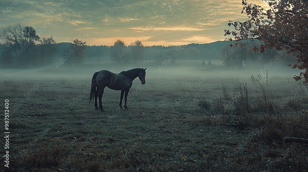 A horse stands in a field amidst fog on a day with trees in the background A horse stands in a field amidst fog on a day with trees in the background
