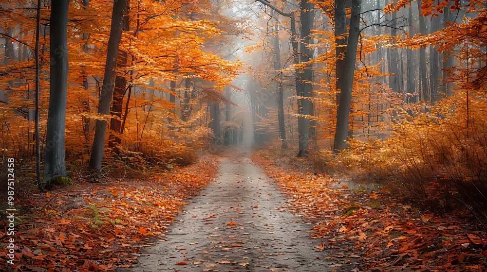 Obraz premium A Pathway Through an Autumnal Forest with Misty Ambiance