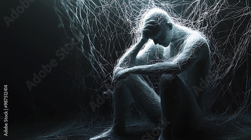 Caught in the Web of Chaos - 3D Render of Helpless Character Struggling with Dramatic Lighting