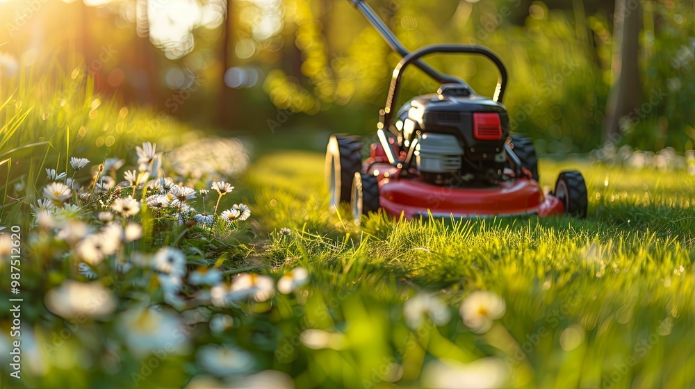 Fototapeta premium Lawnmower in a Sunlit Field of Daisies