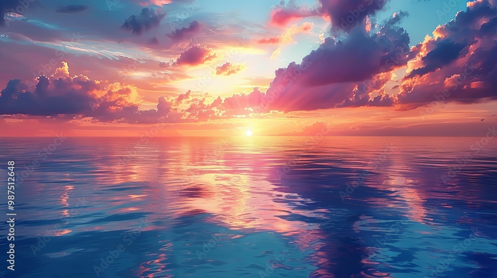 A Vibrant Sunset Reflecting on Calm Ocean Water A Vibrant Sunset Reflecting on Calm Ocean Water