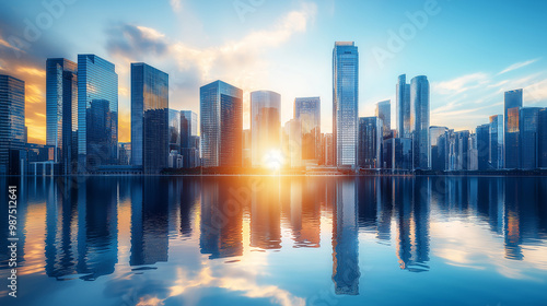 A modern skyscrapers of a smart city, futuristic district with buildings and reflections on the water surface, blue color background for corporate and business with sun rays of light.