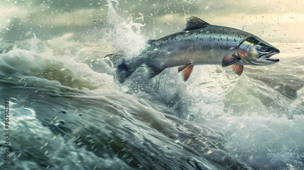 Obraz premium Salmon Leaping Through Water A Stunning Wildlife Image