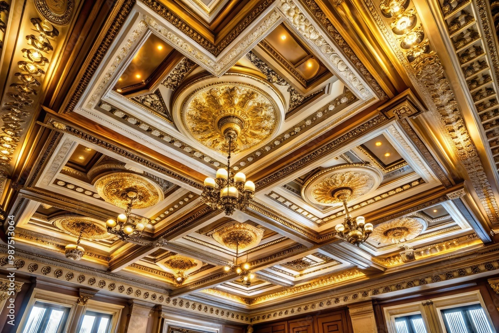 Fototapeta premium A majestic multi-tiered ceiling showcases recessed panels and delicately carved moldings, exuding an air of refinement and sophistication in every aspect.